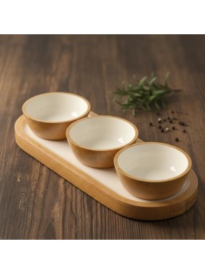 Mabeyn Deconox Mango Ağacı Standlı 3'lü Kase Seti - Içi Emaye Kaplama Doğal Ahşap Çerezlik ve Sosluk - 30 cm Sunum Tepsili Dekoratif Set (Düz Desen)