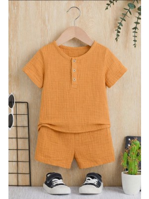 Bubito Unisex Bebek&Çocuk %100 Pamuklu Düğmeli Müslin Alt Üst Şort Takım Tarçın Cinsiyet: Erkek Çocuk