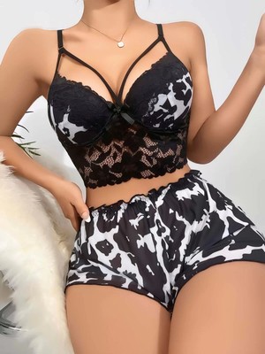 Modenya Kadın Leopar Dantel Detaylı Şortlu Gecelik Pijama Takımı 5055