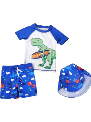 Petityu UPF50+ Mavi Beyaz Surf's Up Surfer Dino Dinazor 3'lu Set Mayo