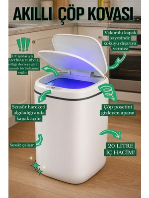 PremiumPort Büyük Boy 20L Akıllı Çöp Kovası, Uv Işık ve Sensörlü, Hareketli