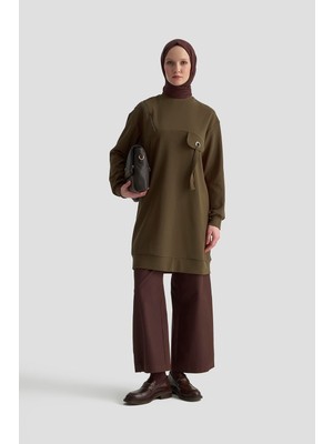 Armine Trend Cep Kapağı Kuşgözü Detaylı Fitilli Tunik Haki 25KT453