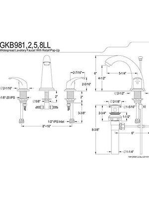 Mabeyn GKB982LL 20,6 cm Perakende Pop-Up, Cilalı Pirinç, 12,7 cm Ağızlı Geniş Lavabo Bataryası