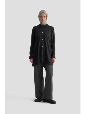 Armine Trend Düğme Detaylı Gömlek Yaka Triko Tunik Siyah 25YTD4115