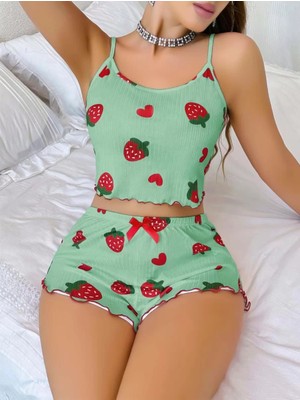 Modenya Kadın Yeşil Çilek Desenli Şortlu Pijama Takımı 5060