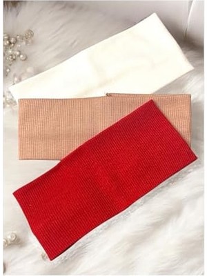 Mabeyn Kalın Saç Bandı Set, Fitilli Saç Bandı, 3 Adet (Kırmızı - Beyaz - Bej Fitilli, 8 Cm)
