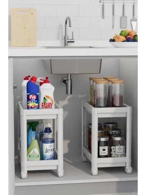 Mabeyn Mithra Life 2 Adet 2 Katlı Tekerlekli Tezgah Altı Beyaz Banyo Mutfak Rafı MIT1120