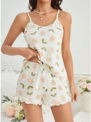 Modenya Kadın Ekru Çiçek Baskılı Şortlu Gecelik Pijama Takımı 5047