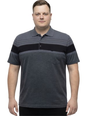 Battal Moda Battalmoda Erkek Büyük Beden Melanj Siyah Polo Yaka Kısa Kollu Çizgili Tişört 3xl-4xl-5xl-6xl