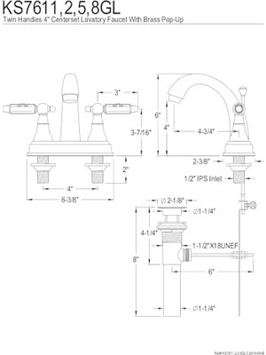 Mabeyn KS7612GL Gürcü 4 " Banyo Bataryası, 4-3/4", Cilalı Pirinç
