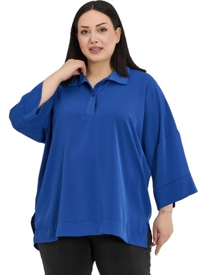 Disentis Modest Büyük Beden Gömlek Yaka Düşük Truvakar Kollu Rahat Kesim Saks Mavi Bluz