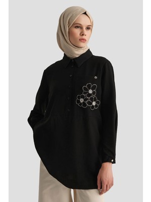 Armine Trend Gömlek Yaka Çiçek Desenli Tunik Siyah 26YT464