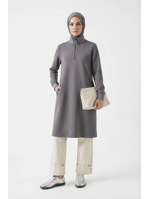 Armine Fermuar Detaylı Basic Tunik Gri
