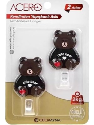 Mabeyn Cute Kendinden Yapışkanlı Askı 2li, Sevimli Ayıcık Mutfak ve Banyo Askısı x 2 Adet, 2 kg Taşıma Kapasiteli Güçlü Yapışkanlı Plastik Askı - 38313