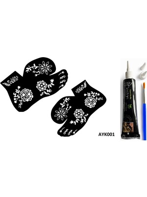 Airbrush Tattoo Dallı Çiçekler 2 Adet Ayak Kalıbı ve Siyah Hint Kınası Geçici Dövme Yapma Seti