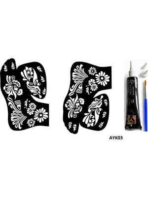 Airbrush Tattoo Papatya Deseni 2 Adet Ayak Kalıbı ve Siyah Hint Kınası Geçici Dövme Yapma Seti