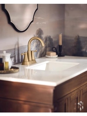 Mabeyn Ronan Bronzlaştırılmış Altın Iki Kulplu 4" Modern Banyo Bataryası Push- Drenajlı, 84022BZG