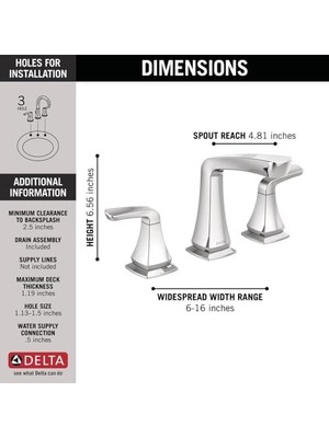 Mabeyn Delta Faucet Vesna Yaygın Banyo Bataryası Krom, Banyo Bataryası 3 Delikli, Banyo Lavabo Bataryası, Tahliye Grubu, Endişesiz Gider Kapağı, Krom 35789LF