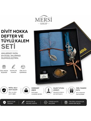 Mersi Shop Divit Hokka Tüylü Kalem ve Deri Defter Seti Vintage Kaligrafi Hediye Seti