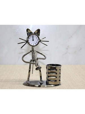 Elwes Metal Kedi Müzisyen Saat ve Kalemlik