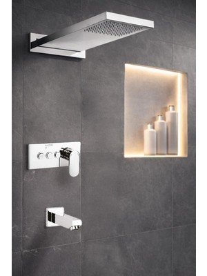 Mistillo Ankastre Duş Seti 550x220 mm Şelale&Yağmur Panel 3 Yönlü Butonlu SUS 304 Paslanmaz Pirinç Krom Kap