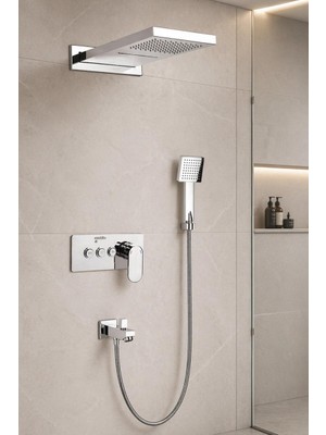 Mistillo Ankastre Duş Seti 550x220 mm Şelale&Yağmur Panel 3 Yönlü Butonlu SUS 304 Paslanmaz Pirinç Krom Kap
