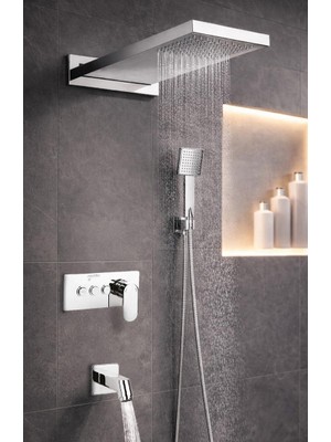 Mistillo Ankastre Duş Seti 550x220 mm Yağmur Panel 3 Yönlü Butonlu SUS 304 Paslanmaz Pirinç Krom Kap