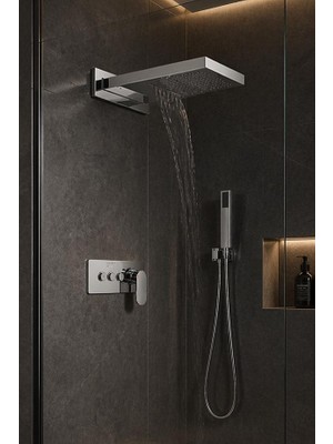 Mistillo Ankastre Duş Seti 550x220 mm Şelale&Yağmur Panel 3 Yönlü Butonlu SUS 304 Paslanmaz Pirinç Krom Kap