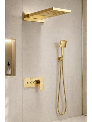 Mistillo Ankastre Duş Seti 550x220 mm Şelale&Yağmur Panel 3 Yönlü Butonlu SUS 304 Paslanmaz Pirinç Gold