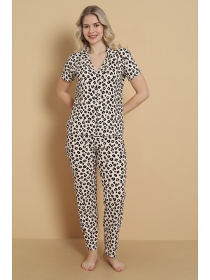 Wordex Mrn 9509 Leopar Desenli Pegasus Kumaş Düğmeli Kısa Kolu Kadın Pijama Takımı