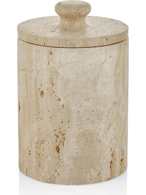 PremiumPort Şık Traverten Mermer Banyo Çöp Kovası, Kapaklı, 15X15X23 cm