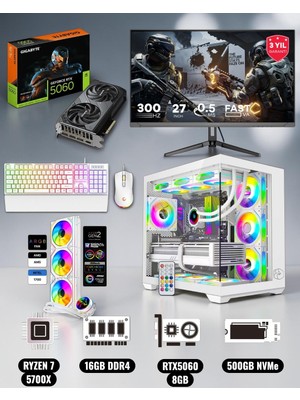 Symoon Ryzen 7 5700X 16GB Ddr4 Ram 512GB Nvme 5060 Ekran Kartlı 360 mm Sıvı Soğutmalı 27 Inç Monitörlü Klavyeli Gaming Pc