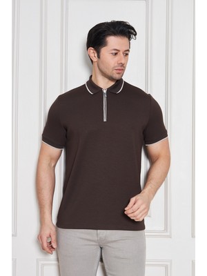Erkek Jeuss Oysho Kumaş Fermuarlı Yakalı Kahverengi Tshirt