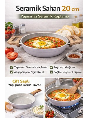Optima Seradur 20 cm Seramik Sahan Yapışmaz Yumurta Omlet Tavası Ahşap Saplı Küçük Tava