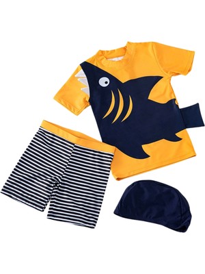 Petityu UPF50+ Turuncu Laci Köpekbalığı Şortu Çizgili Kısa Kol T-Shirt Şort Mayo Şapka Set