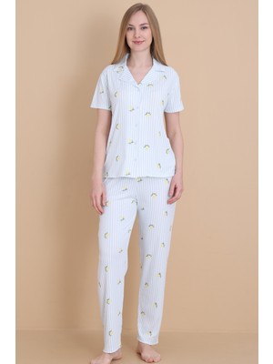 Wordex Mirano 9515 Çizgili Pegasus Pamuklu Kumaş Düğmeli Kısa Kolu Kadın Pijama Takımı