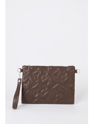 Vivaq Kadın Kahverengi Yıldız Nakışlı Suni Deri Bilek ve Zincir Askılı Portföy El ve Clutch Çanta