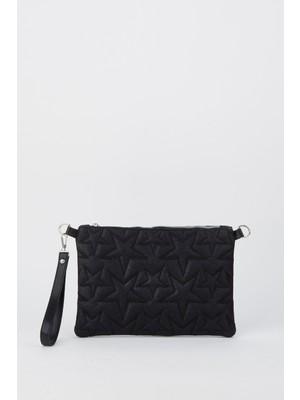 Vivaq Kadın Siyah Simli Yıldız Nakışlı Suni Deri Bilek ve Zincir Askılı Portföy El ve Clutch Çanta