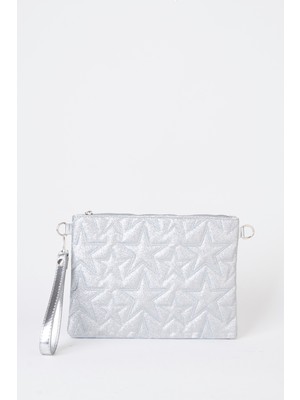 Vivaq Kadın Gümüş Simli Yıldız Nakışlı Suni Deri Bilek ve Zincir Askılı Portföy El ve Clutch Çanta