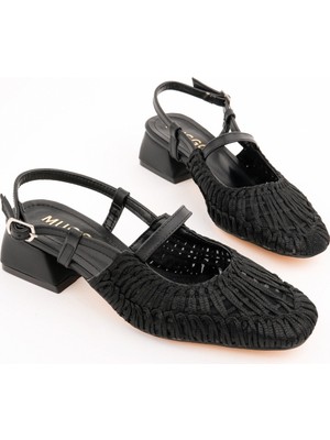 Muggo Mesh Kadın Örgü ve File Detaylı Bantlı Arkası Açık Kısa Topuklu Ayakkabı