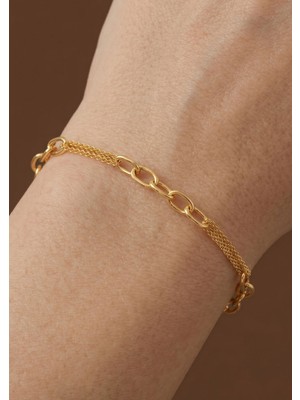 Bilezikci 14 Ayar Altın Halkalı Ataç Bileklik - Çift Zincir Detaylı