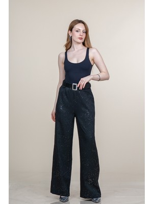 MissVina Velina Beli Lastikli Simli Pantolon - Siyah