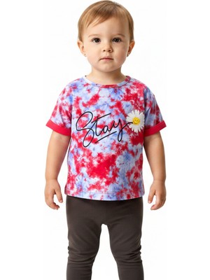 Toontoy Kids Toontoy Kız Çocuk Bisiklet Yaka Kol Ucu Katlamalı Kısa Kollu Batik Desenli Baskılı Tişört  TKSS25TS11248