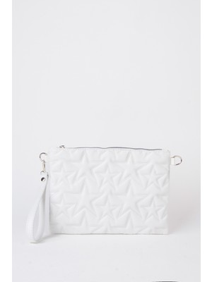 Vivaq Kadın Beyaz Yıldız Nakışlı Suni Deri Bilek ve Zincir Askılı Portföy El ve Clutch Çanta