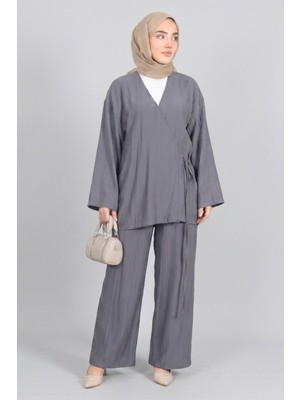 Gri Norshen Kadın Bağlamalı Kimono & Bol Paça Pantolon - Takım