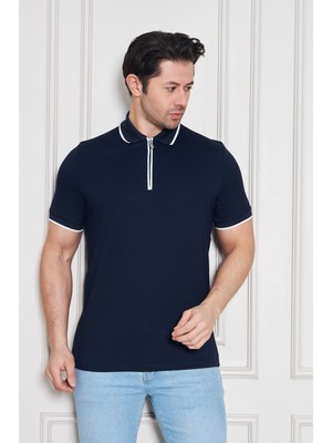 Erkek Jeuss Oysho Kumaş Fermuarlı Yakalı Lacivert Tshirt