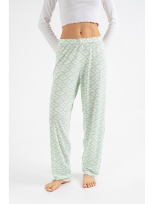 Ecrou Kadın Yeşil Geometrik Desenli Soft Tuşeli Tek Pijama Pantolon