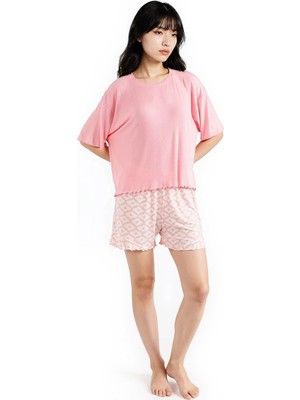 Ecrou Kadın Pudra Düz Üst Desenli Alt Soft Tuşeli Şort T-Shirt Pijama Set