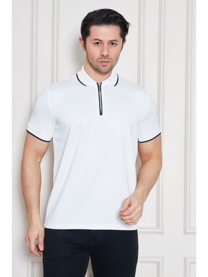 Erkek Jeuss Oysho Kumaş Fermuarlı Yakalı Beyaz Tshirt