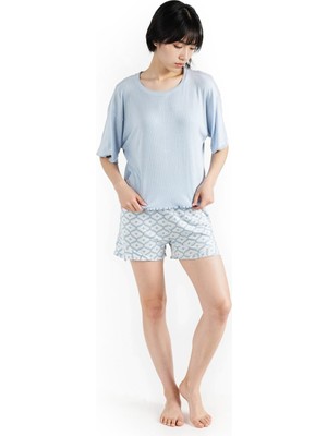 Ecrou Kadın Bebe Mavi Düz Üst Desenli Alt Soft Tuşeli Şort T-Shirt Pijama Set